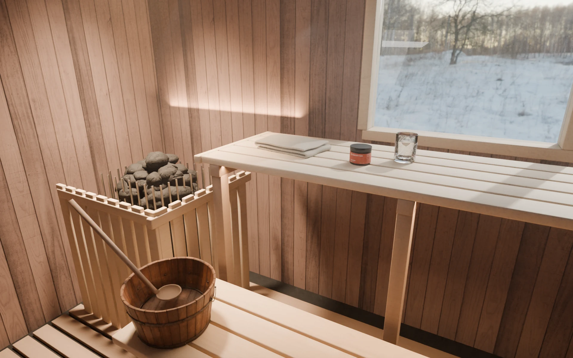 A sunlit sauna with the jar, a folded towel and a glass of water on the upper bench